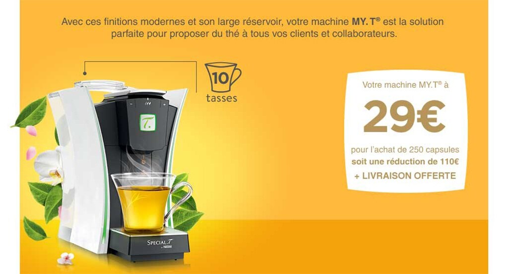 Votre machine MY.T LIGHTS à 29€ pour l'achat de 250 capsules, soit une réduction de 110€ + Livraison offerte + Distributeur de capsules offert