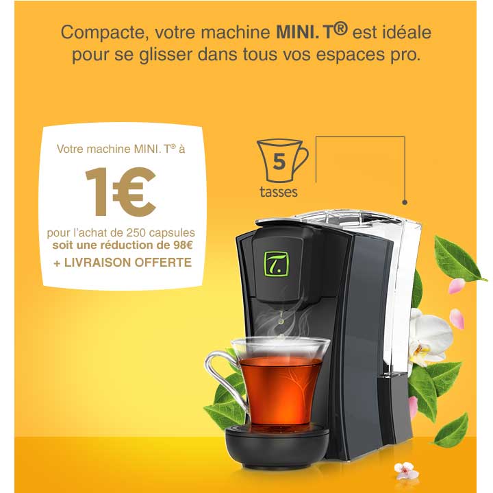 Votre machine MINI.T à 1€ pour l'achat de 250 capsules, soit une réduction de 98€ + Livraison offerte + Distributeur de capsules offert